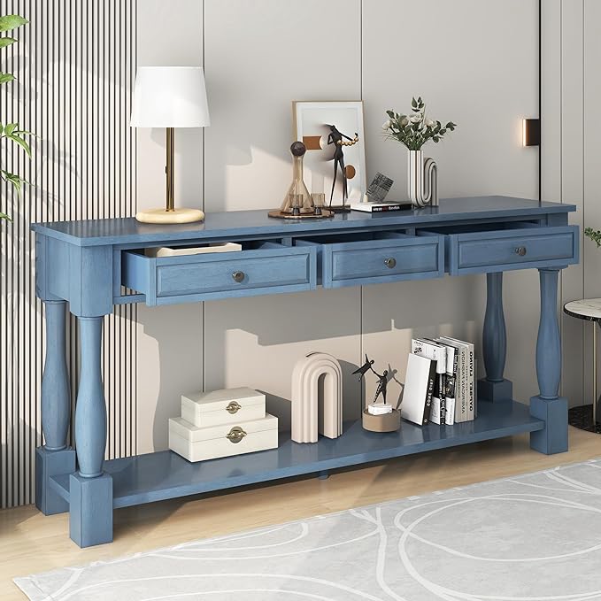 Knocbel 64 Inch Long Antique Entry Console Table with Drawers & Bottom Open Shelf, Solid Wood Sofa Couch Table for Entryway Hallway Living Room (Navy)