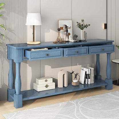Knocbel 64 Inch Long Antique Entry Console Table with Drawers & Bottom Open Shelf, Solid Wood Sofa Couch Table for Entryway Hallway Living Room (Navy)