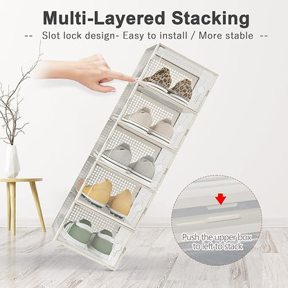 Kuject 12 Pack Large Shoe Boxes, Clear Stackable Containers with Lids,White | Shoe organizers for closet & entryway, under-bed,Drop-front design fits women's size 10