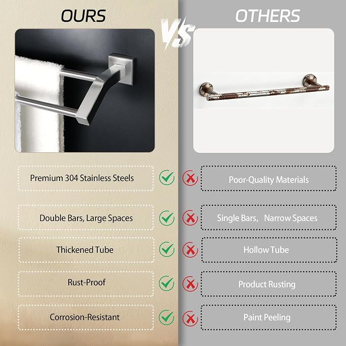 Alise Double Towel Bar, 24 Inch Towel Rack for Bathroom Wall Mounted, SUS304 Stainless Steel Bathroom Towel Holder Joining Process Towel Rail for Bathroom, Brushed Nickel
