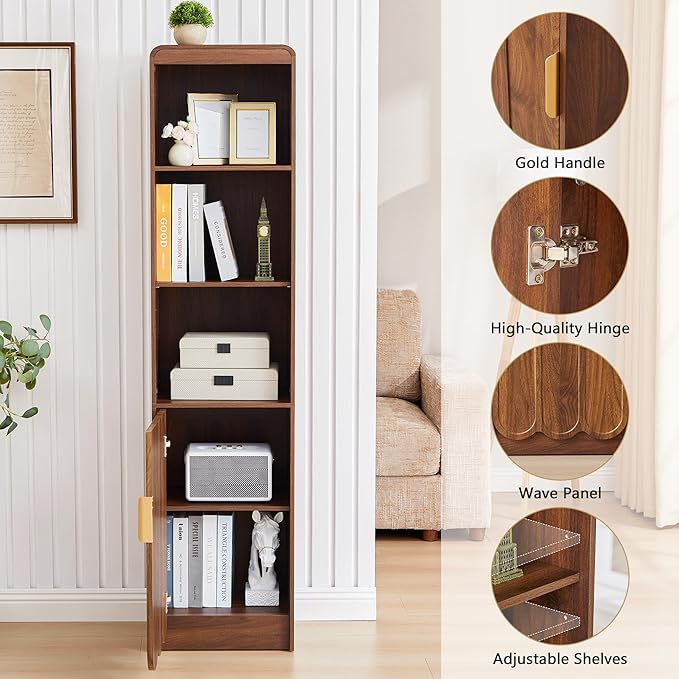 ORRD Narrow Tall Bathroom Storage Cabinet, Freestanding Storage Cabinet with Open Storage Compartments and Adjustable Shelf for Small Space, Bathroom, Living Room, Kitchen, (Walnut)