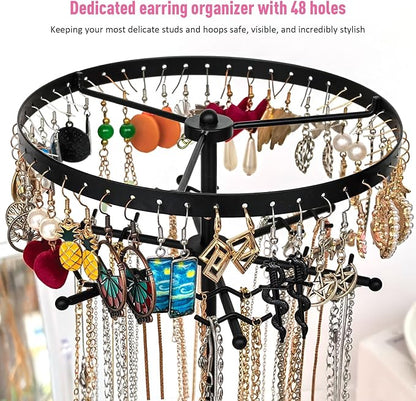 360 Rotating 2-Tier Jewelry Organizer Stand, Large Earring Holder Organizer with 48 Holes for Studs，24 Prongs for Necklaces, Wide Base for Bracelets, Watches, Lipstick, Jewelry Display Stand for Women