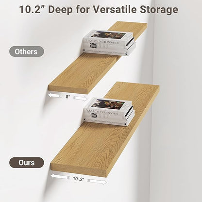 Vivelove 10" Deep Floating Shelves with Invisible Brackets, 36" Wall Shelves for Bathroom Bedroom Kitchen Living Room Laundry Room, Modern Rustic Shelves for Home Decor, 36"x10.2"x1.5", Set of 2, Oak