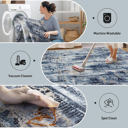 4x6 Area Rugs Washable Rug: Modern Abstract Living Room Rug Soft Anti-Skid Thin Carpet Indoor Floor Non-Shedding Carpets for Bedroom Dining Room Farmhouse Nursery Home Office - Blue Gold