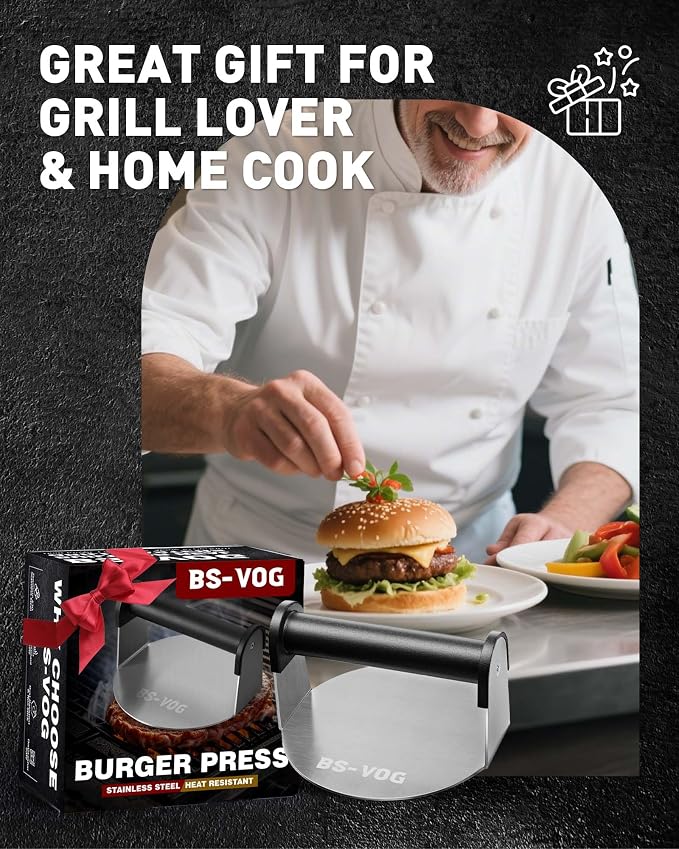 BS-VOG Burger Press, 6" Stainless Steel Burger Smasher for Griddle, Nonstick Round Hamburger Smasher Tool for Cooking Bacon, Patty, Ground Beef, Meats, Dishwasher Safe, Christmas Gift Package for Men
