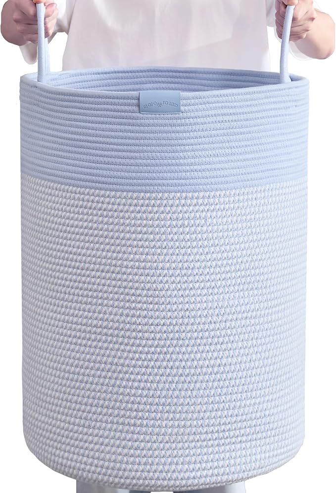 80L Extra Large Blue Laundry Hamper Basket, Tall Woven Hamper for Bedroom, Cotton Rope Laundry Basket for Clothes, 16x22 Inches