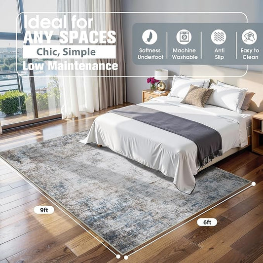 6x9 Area Rugs for Living Room Rug Washable: Abstract Rug for Dining Room Bedroom Carpet Non Slip 6 by 9 Indoor Modern Nursery Home Office White Brown Blue