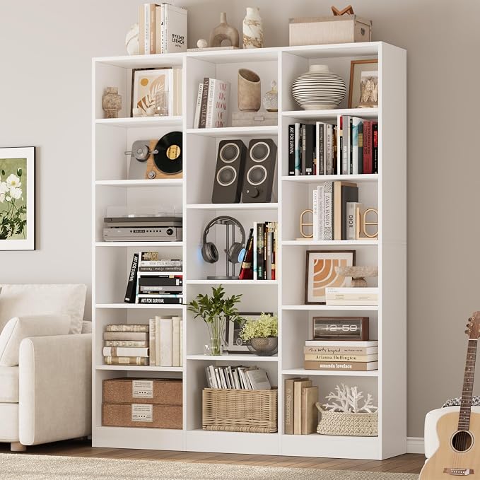 FACBOTALL Triple Wide Bookshelf, 6 Tier Large Bookshelf, Bookcase with 17 Open Display Shelves, 74'' Tall Bookcases and Bookshelves for Living Room, Home Office, Library, White