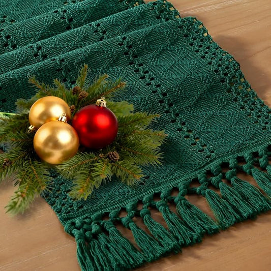 Socomi Boho Table Runner Macrame Valentine's Day Farmhouse Woven Cotton Linen Rustic Coffee Table Runner with Tassels for Small Dresser Scarf Home Decor Dining Room 12x72 inch Emerald Green