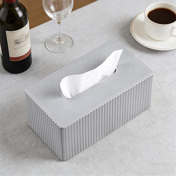 PU Leather Tissue Box Cover for up to 3.9" High Boxes, Rectangle Tissue Box Holder for Bathroom Bedroom Living Room Office (Silver Stripe)