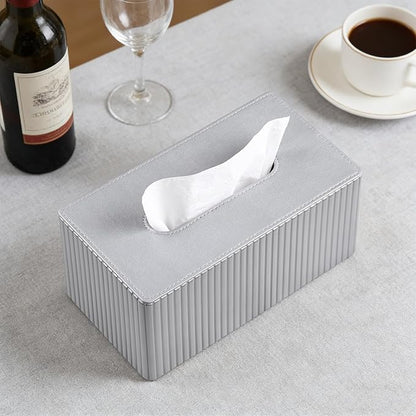 PU Leather Tissue Box Cover for up to 3.9" High Boxes, Rectangle Tissue Box Holder for Bathroom Bedroom Living Room Office (Silver Stripe)