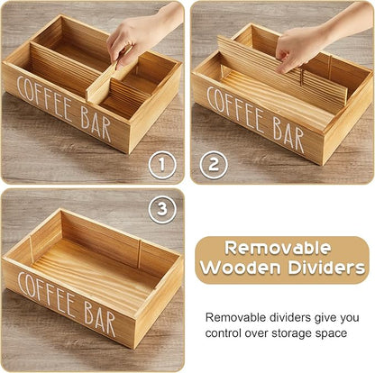 ALELION Brown Coffee Station Organizer - Wood Coffee Bar Accessories Organizer with Removable Dividers for Pods Condiment Syrup Tea Cups Stirrers - for Farmhouse Coutertop Decor