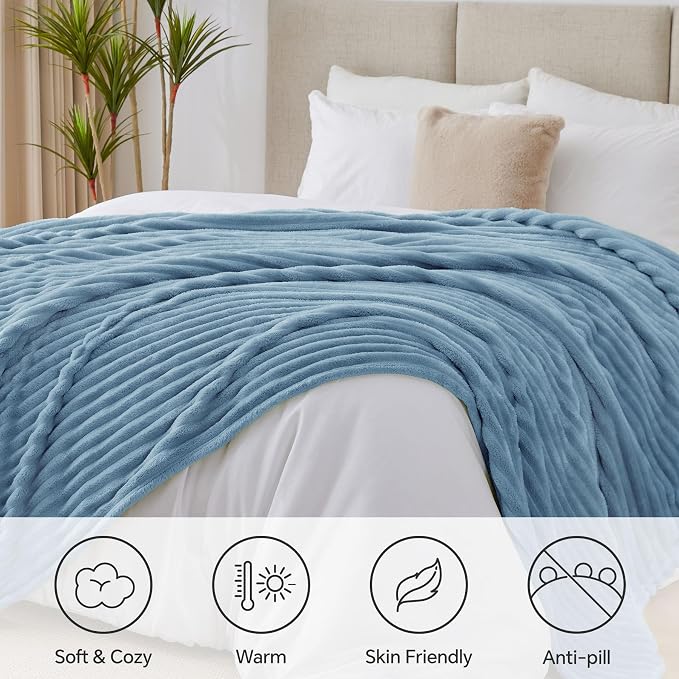 BEDELITE Full Size Blanket for Bed, 300GSM Soft & Warm Fleece Light Blue Blanket, Decorative and Giftable Striped Blankets for Women, Men, 84"x90"