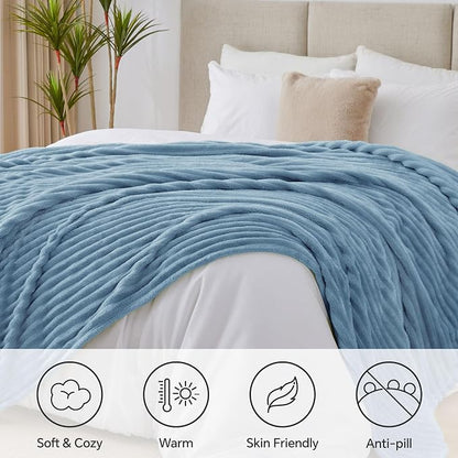 BEDELITE Full Size Blanket for Bed, 300GSM Soft & Warm Fleece Light Blue Blanket, Decorative and Giftable Striped Blankets for Women, Men, 84"x90"