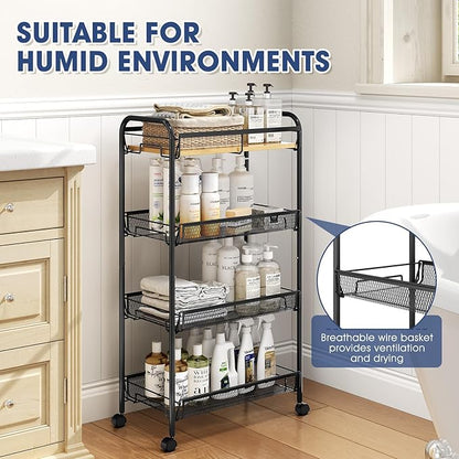 TOOLF 4-Tier Rolling Cart, Metal Utility Cart, Slide Out Storage Cart with Wooden Tabletop and Mesh Baskets, Easy Assemble Trolley for Kitchen Bathroom Laundry Room Bedroom Apartments Dormitory