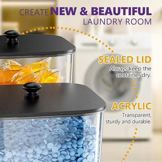 Moforoco 3 Pcs Laundry Pods Container, Clear Laundry Room Organization Containers,Large Detergent Powder Storage, Black Wooden Lids & Labels