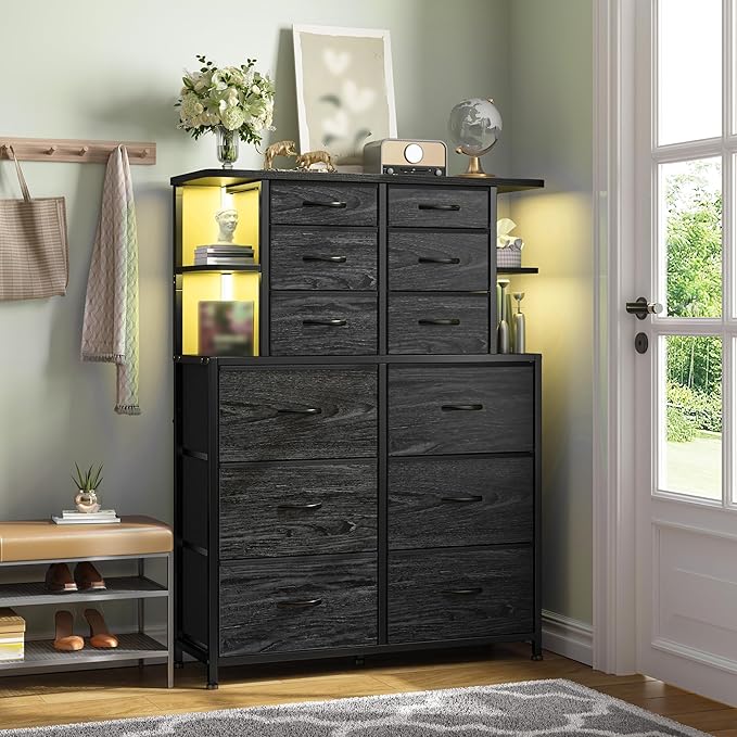 EnHomee Dresser with 12 Drawers & LED Lights, Dresser for Bedroom with 4 Open Storage Shelves, Fabric Dressers & Chests of Drawers, Metal Frame, Wood Top,45.2" H x 35.4" W x 11.8" D, Black