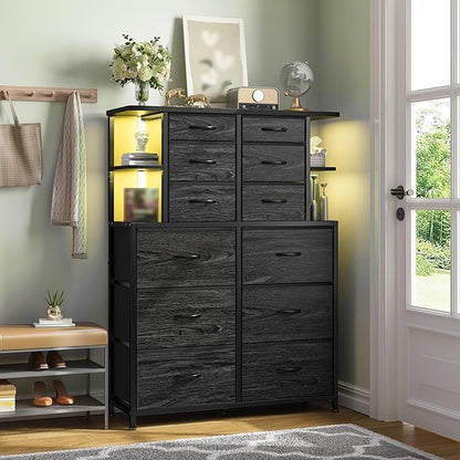 EnHomee Dresser with 12 Drawers & LED Lights, Dresser for Bedroom with 4 Open Storage Shelves, Fabric Dressers & Chests of Drawers, Metal Frame, Wood Top,45.2" H x 35.4" W x 11.8" D, Black