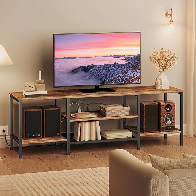 HOOBRO TV Stand with Power Outlets to 75 Inches, TV Console Table with Open Storage Shelves Cabinet, Industrial Media Entertainment Center for Living Room Bedroom, Rustic Brown and Black BF60DS01