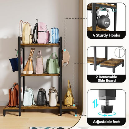 Aquzee Purse Shelf Storage, 3 Tier Stand Bag Organizer for Handbag Organizers, Backpack Storage with 4 Hooks for Holder, Large Purse Shelf for Closet, Home Living Room Bedroom Purse Storage Ideas
