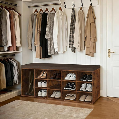 DINZI LVJ Shoe Storage Bench with Cushion, 13-Cubby Shoe Rack, Adjustable Shelves, Multifunctional Shoe Organizer Bench for Entryway, Mudroom, Hallway, Living Room, Bedroom and Garage, Rustic Brown