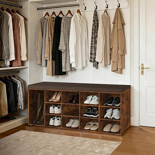 DINZI LVJ Shoe Storage Bench with Cushion, 13-Cubby Shoe Rack, Adjustable Shelves, Multifunctional Shoe Organizer Bench for Entryway, Mudroom, Hallway, Living Room, Bedroom and Garage, Rustic Brown