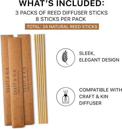 Craft & Kin Reed Diffuser Sticks – 3-Pack of 8 Natural Rattan Diffuser Sticks – Eco-Friendly Reed Replacement for Essential Oil Diffusers – Home Fragrance Accessory for Bedroom & Bathroom