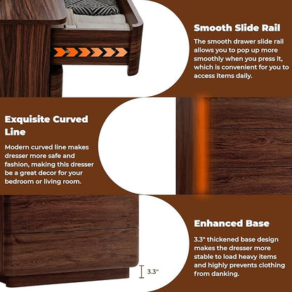ACCOHOHO 5 Drawer Dresser for Bedroom, 42" Tall Modern Wood Dresser with Hidden Handle Drawers, Large Storage Chest of Drawers for Living Room & Hallway, Curved Profile Design, Dark Walnut