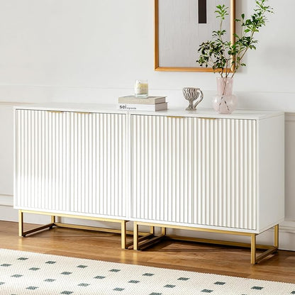 Fluted Storage Cabinets Set of 2, Sideboard Buffet Cabinet Accent Cabinet with Adjustable Shelves, Modern Credenza, Console Table Entryway Cabinets for Living Room, White