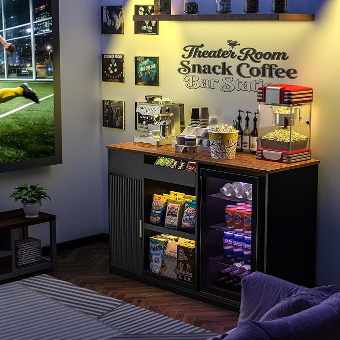 GDLF Snack Bar Cabinet with Fridge Space, Snack Organizer with Storage and Candy Display Shelf, Coffee Station for Home Theater or Game Room, 51.2" L，Black