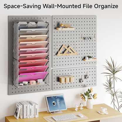 Lavatino 10-Tier Hanging Wall File Folders Organizer - Silver Metal Mesh Paper Magazine Document Mail Holder File Organizer for Office School Home Wall Mount or Desk Supplies Organization