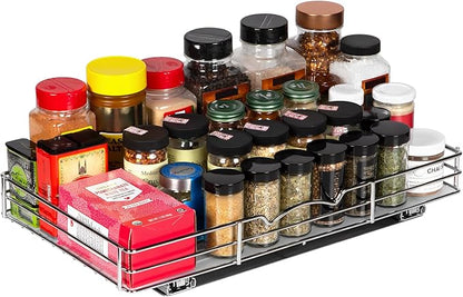 Pull-Out Cabinet Spice Rack Organizer - Slim Slide-Out Storage for Spices, Bottles & Jars, Premium Heavy-Duty Steel, Easy Install for Narrow Kitchen Cabinets - 18 ⅜ W x 10 ½ D x 2 ¾ H, Chrome