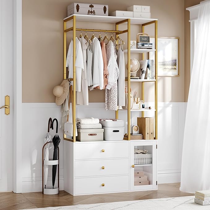 2pcs Closet Organizer System, Wardrobe Closet with 3 Wooden Drawers, Clothes Rack with Hanging Rods and 4 Tiers Shelves, Garment Rack with Metal Frame, White and Gold
