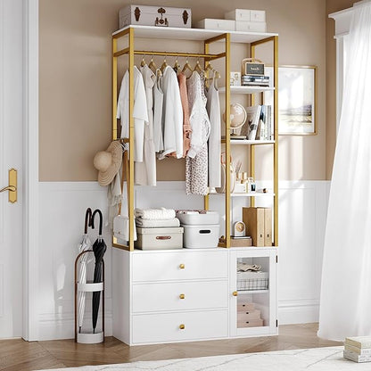 Closet System Organizer, 81.3” H Wardrobe Closet with 3 Wooden Drawers, Clothes Rack with Hanging Rods, 4 Tiers Shelves, Metal Frame, White and Gold