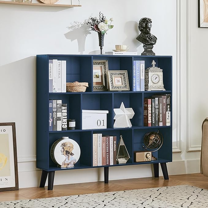 LEYAOYAO 10 Cube Bookshelf,3 Tier Modern Wide Bookcase with Legs,Mid-Century Wood Bookshelves Storage，Dark Blue Large Book Case,Freestanding Organizer Display Shelf for Bedroom,Living Room,Office
