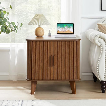 Farmhouse Square End Table with Charging Station, 24" Large Fluted Sofa Side Table with Sliding Tambour Door and Storage, Rustic Curved Wood Nightstand for Living Room, Bedroom, Walnut