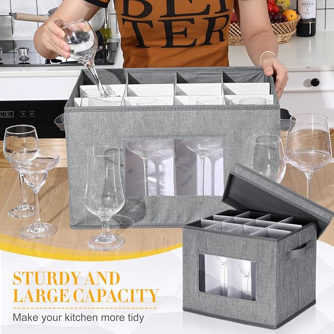 Norme 3 Pack Wine Glasses Storage Box with Dividers, 12 Compartments Stemware Storage Cases Champagne Flute Box with Lid Handle Window China Container Organizer for Moving(Wine Glass Size,Gray)