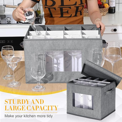 Norme 3 Pack Wine Glasses Storage Box with Dividers, 12 Compartments Stemware Storage Cases Champagne Flute Box with Lid Handle Window China Container Organizer for Moving(Wine Glass Size,Gray)