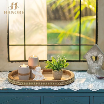 Hanobe Decorative Trays for Coffee Table : Vintage Oval Centerpiece Tray Wood for Farmhouse Dining Table Decor Round Bathroom Tray for Living Room Kitchen Counter