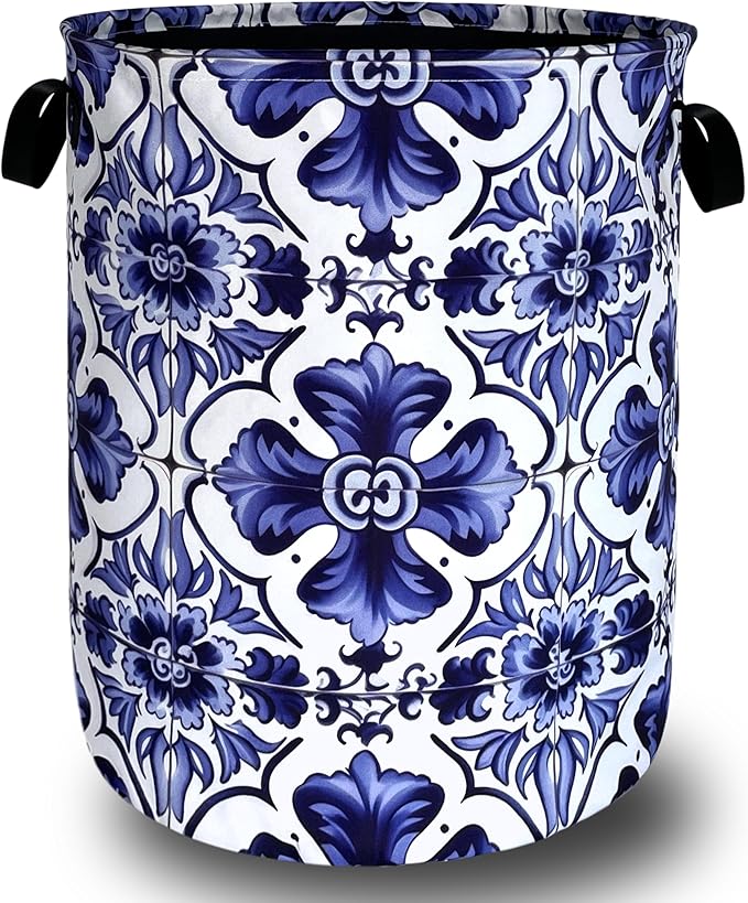 Blue and White Mexican Tile Laundry Basket Oxford Cloth Foldable Boho Laundry Hamper With Handle Portable Clothes Storage Organizer Basket 18.9x16.5 Inch Laundry Bag For Laundry Room/Bedroom/Bathroom