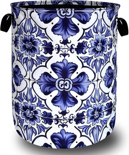 Blue and White Mexican Tile Laundry Basket Oxford Cloth Foldable Boho Laundry Hamper With Handle Portable Clothes Storage Organizer Basket 18.9x16.5 Inch Laundry Bag For Laundry Room/Bedroom/Bathroom