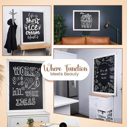 Loddie Doddie Magnetic Chalkboard - 46 x 34.5 in, White Rustic Frame, Wall Mount - Erasable Chalk Board Surface & Message Center - Chalkboard Signs & Magnet Board
