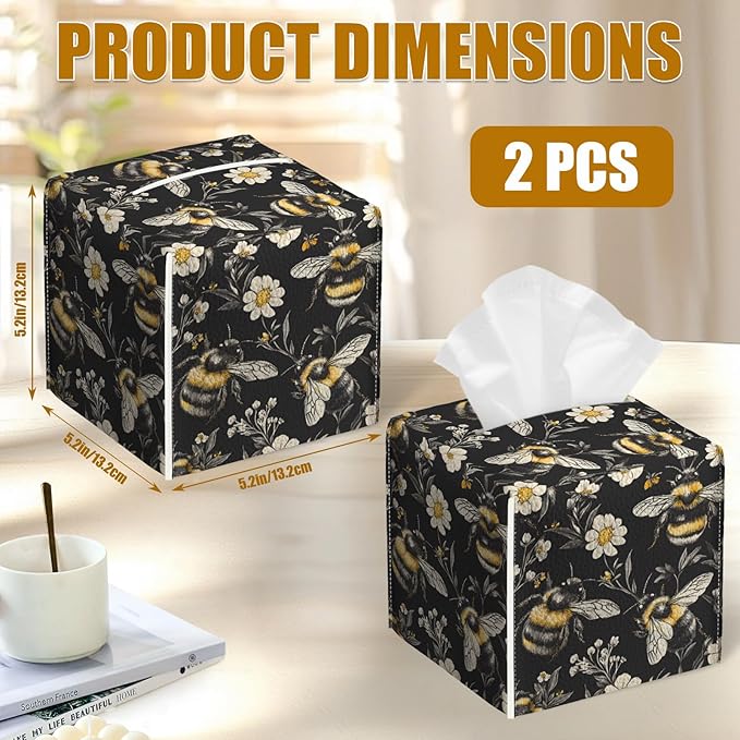 Honeybee White Daisy Tissue Box Cover 2PCS, Leather Tissue Box Holder Square Facial Paper Case Tissue Box Cube Organizer for Bathroom Bedroom Desk Office