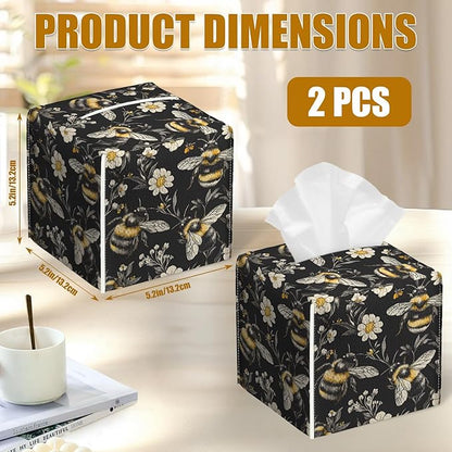 Honeybee White Daisy Tissue Box Cover 2PCS, Leather Tissue Box Holder Square Facial Paper Case Tissue Box Cube Organizer for Bathroom Bedroom Desk Office