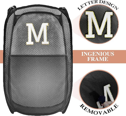 Collapsible Pop Up Laundry Hamper, Extra Large with Removable Initial Letter M, Mesh Foldable Laundry Basket, 28" x 16" x 16" (Black)