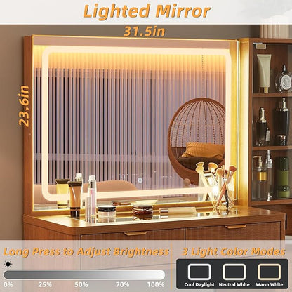 LEYAOYAO Vanity Desk with Mirror and Lights, 43.5'' Fluted Makeup Vanity with 6 Drawers and Adjustable Shelves, Wood TC Make Up Vanity Dressing Table with Glass Top and Power Outlet for Bedroom