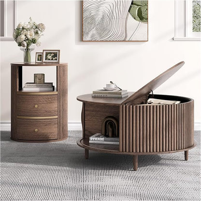 JOINICE Round Coffee Table and End Table Set,31.5" Mid Century Modern Living Room Furniture, Walnut Fluted Center Table with Storage & Matching Side Table for Small Space
