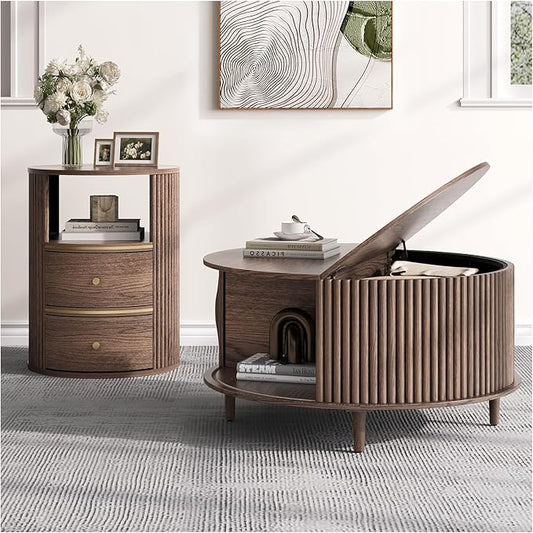 JOINICE Round Coffee Table and End Table Set,31.5" Mid Century Modern Living Room Furniture, Walnut Fluted Center Table with Storage & Matching Side Table for Small Space