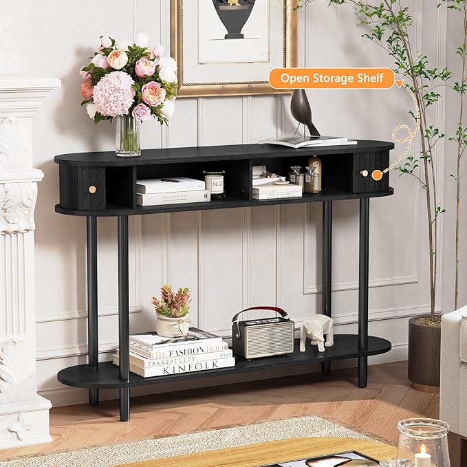 ARTPOWER Modern Entryway Table with Wood Tambour Door, Accent Behind Couch Sofa Console with Storage, Fluted Side Table for Hallway, Living Room, Foyer, Black
