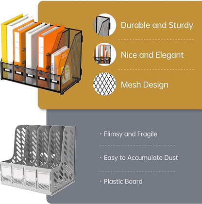 DALTACK 5 Vertical Compartments Magazine File Holder, Binder Organizer, Metal Desk Organizers for Office Home School Classroom Organization, Black Plus